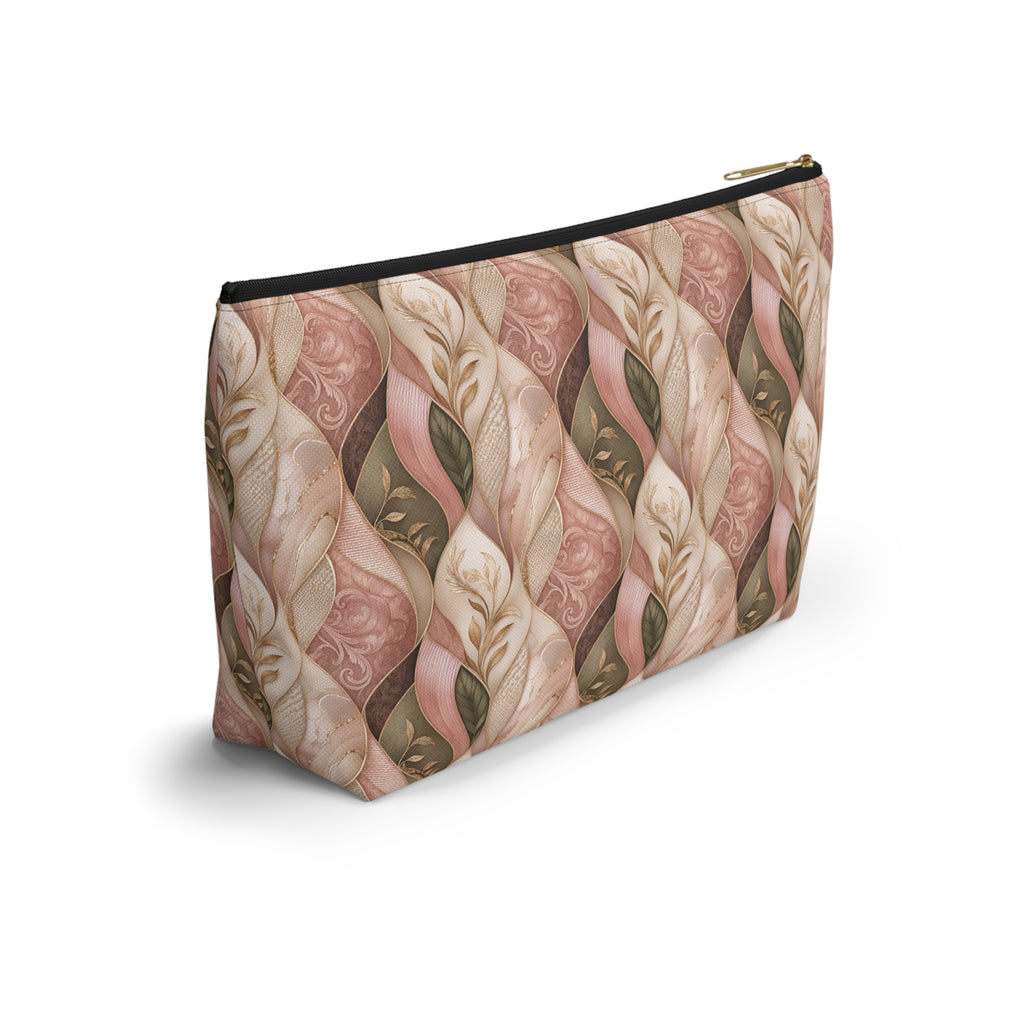 Braided Floral Accessory Pouch — Pink & Olive T‑Bottom Cosmetic Bag