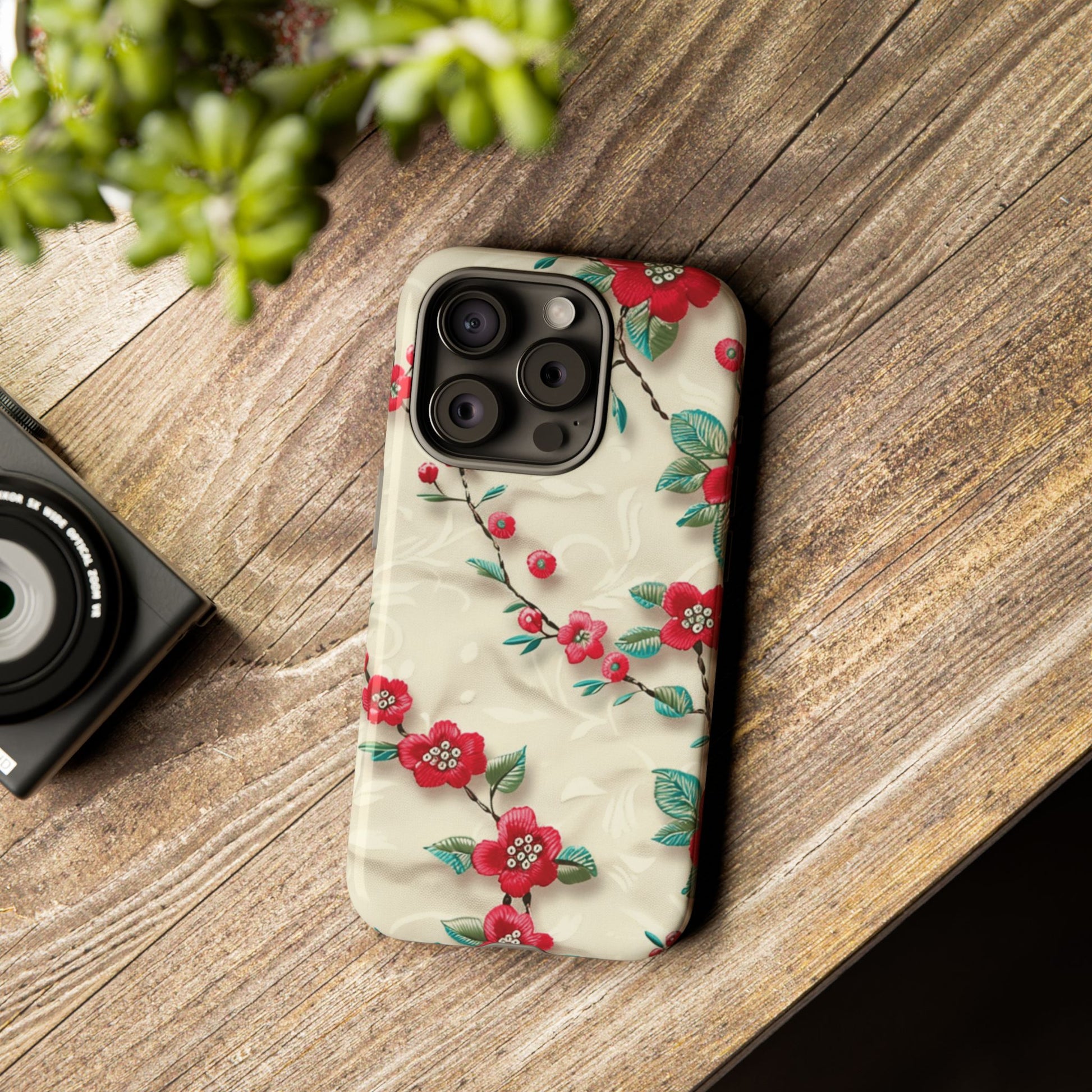 3D Embroidery Illusion Red Flowers Phone Case for iPhone, Samsung Pixel Artistic Floral Protection 15 14 13 12, 21 23 Gift for Her Perfect for Floral Lover