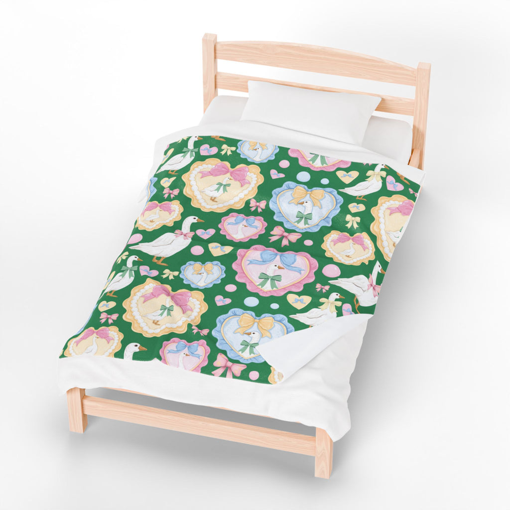 Couverture polaire en velours vert "Silly Goose" — Plaid douillet à nœuds et cœurs pastel