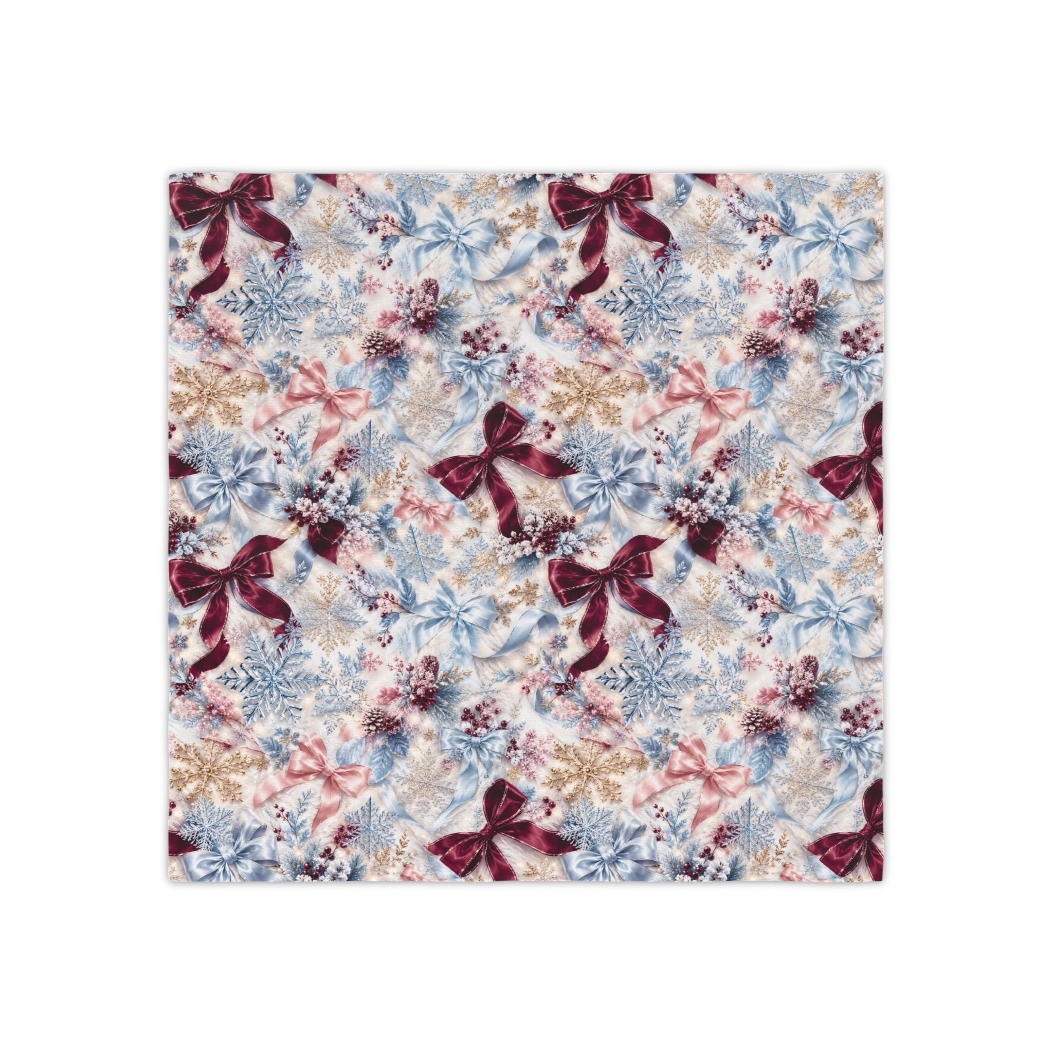 Vintage Floral Bow Napkins | Set of 4, Watercolor Botanical Icy Blue Pinks Holiday Table Dinner Party