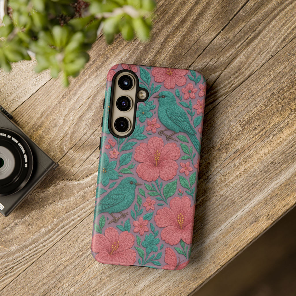 Turquoise, Pink and Lavender 3D Embroidery Illusion Phone Case Tropical Flowers, Birds & Butterflies Cover with Bold, Realistic Floral Texture iPhone, Samsung