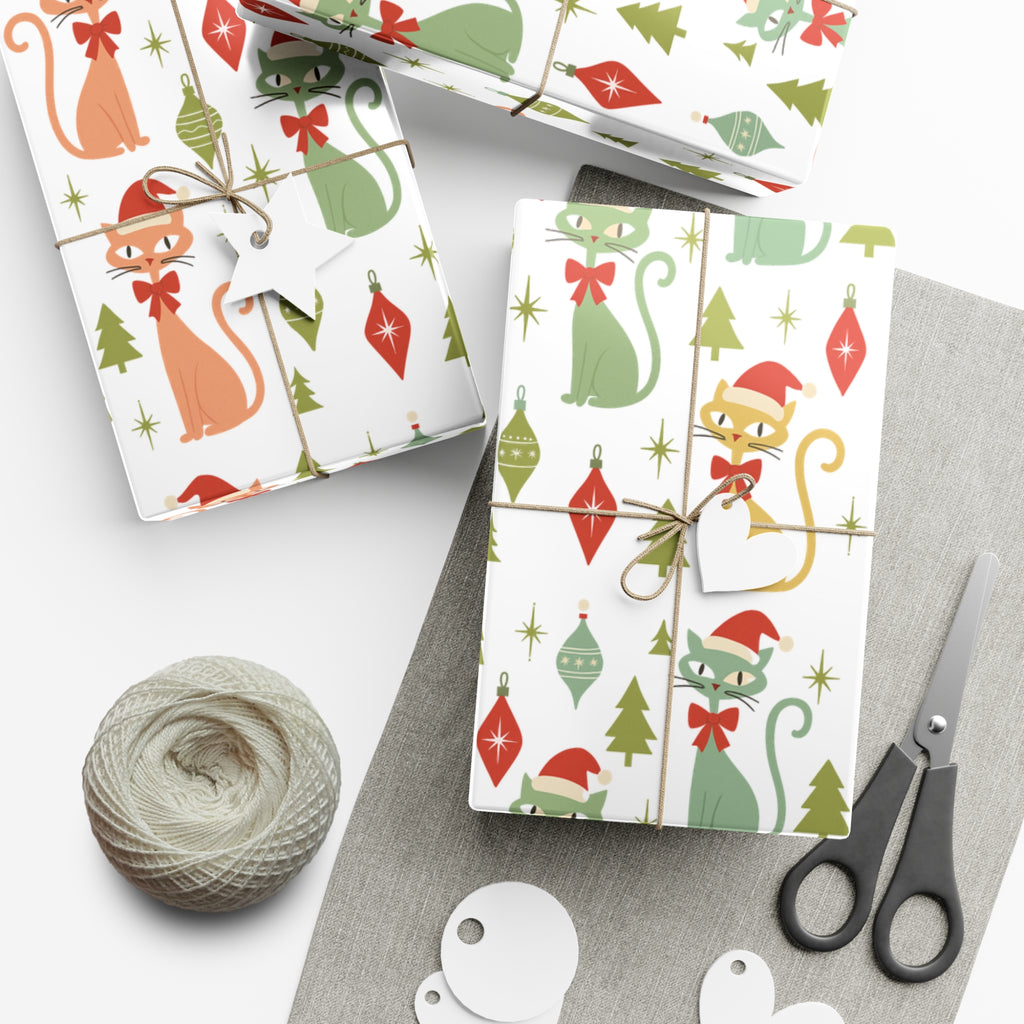 Christmas Atomic Cat Wrapping Paper, Retro Gift Wrap, Pastel Mid-Century Kitty Design, Vintage Holiday 30x20, 30x72, 30x144 Perfect for all Occasion