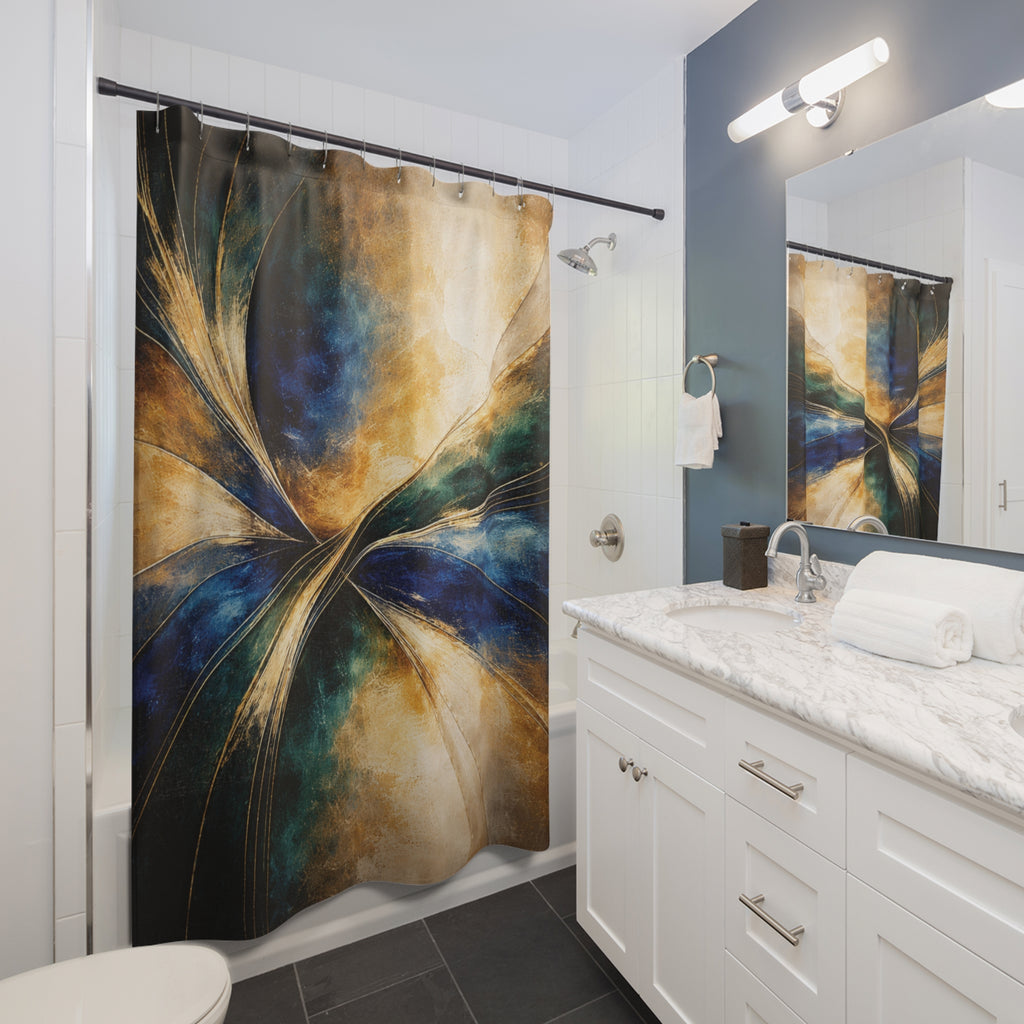 NeoDeco Luxury Blue & Gold Shower Curtain — Gilded Convergence