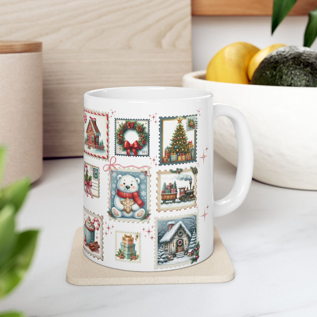 Christmas Postal Stamps Mug 15 and 11 oz Perfect for Coffee, Hot Chocolate and more