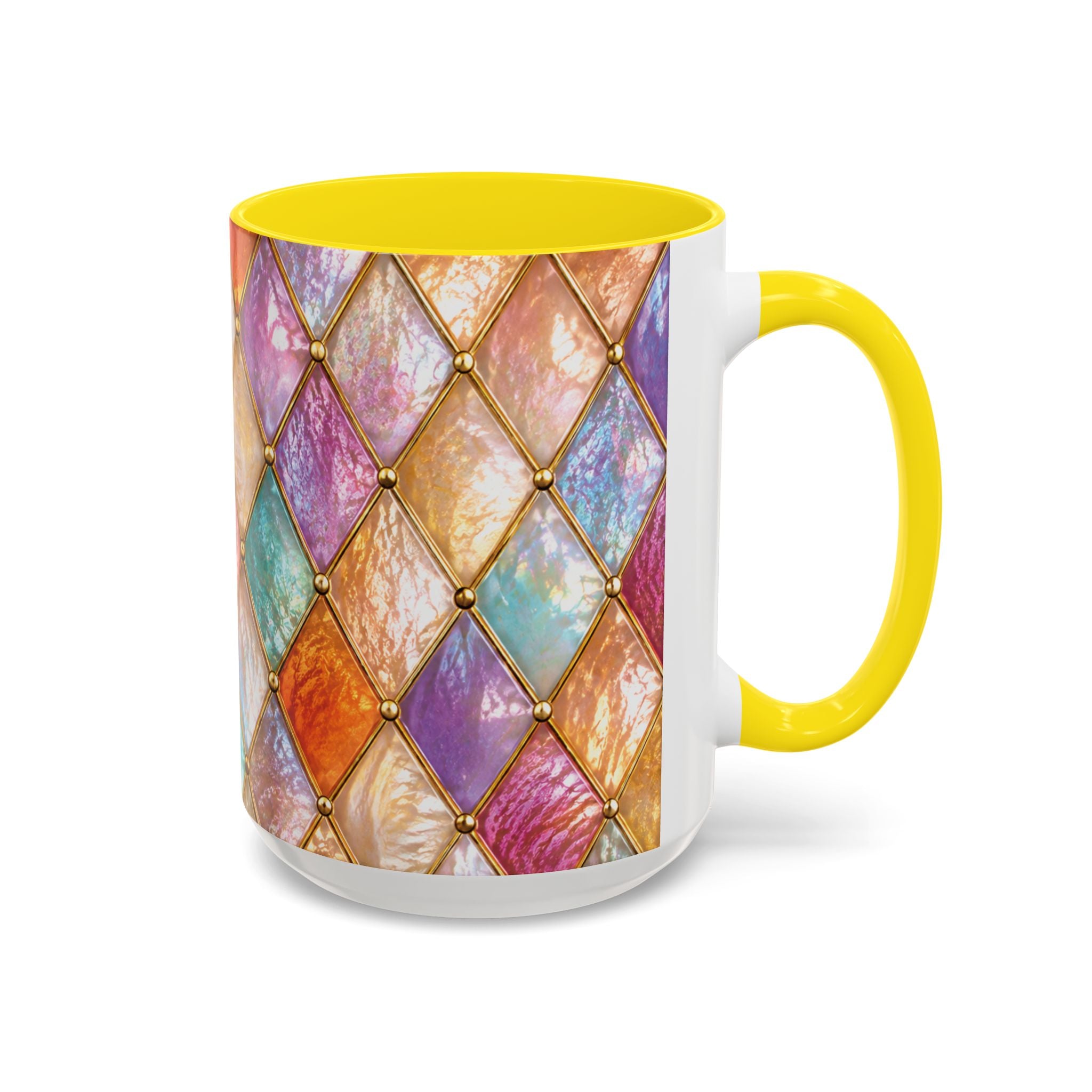 Colorful Jewel-Quilt Accent Coffee Mug — Vibrant Stained-Glass Pattern (11/15oz) Gift for her