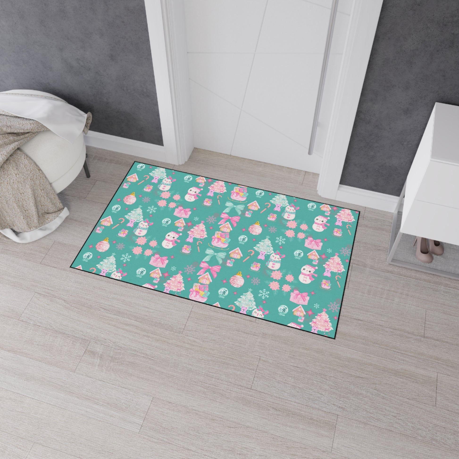 Merry and  Bright Rug Pink  Turquoise Christmas Magic for Your Floor! Fun Festive Non-Slip Holiday Mat in 4 Sizes, Cozy Colorful Decor Office