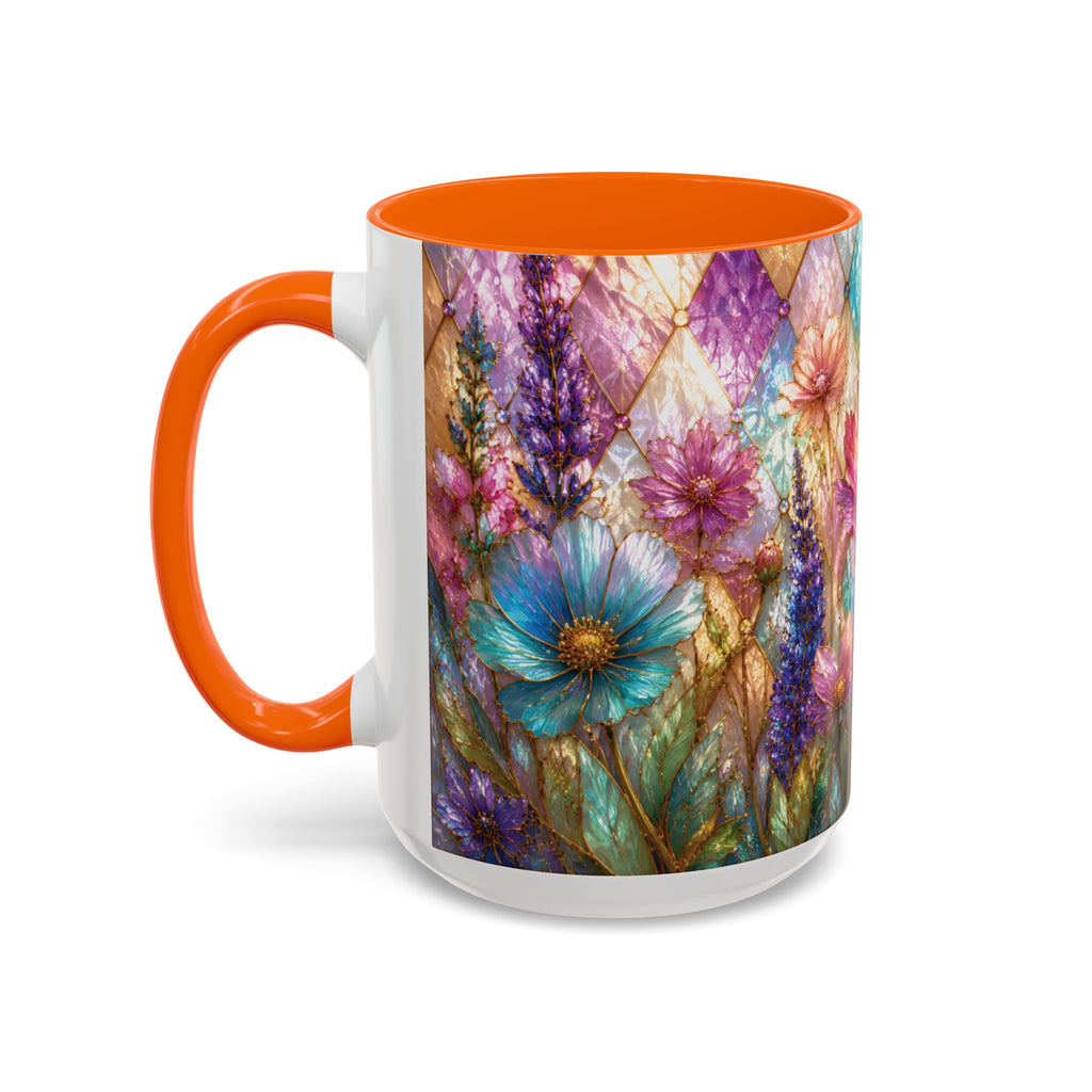 Floral Mosaic Accent Coffee Mug — Colorful Garden Flowers 11/15oz Stain Glass Illusion