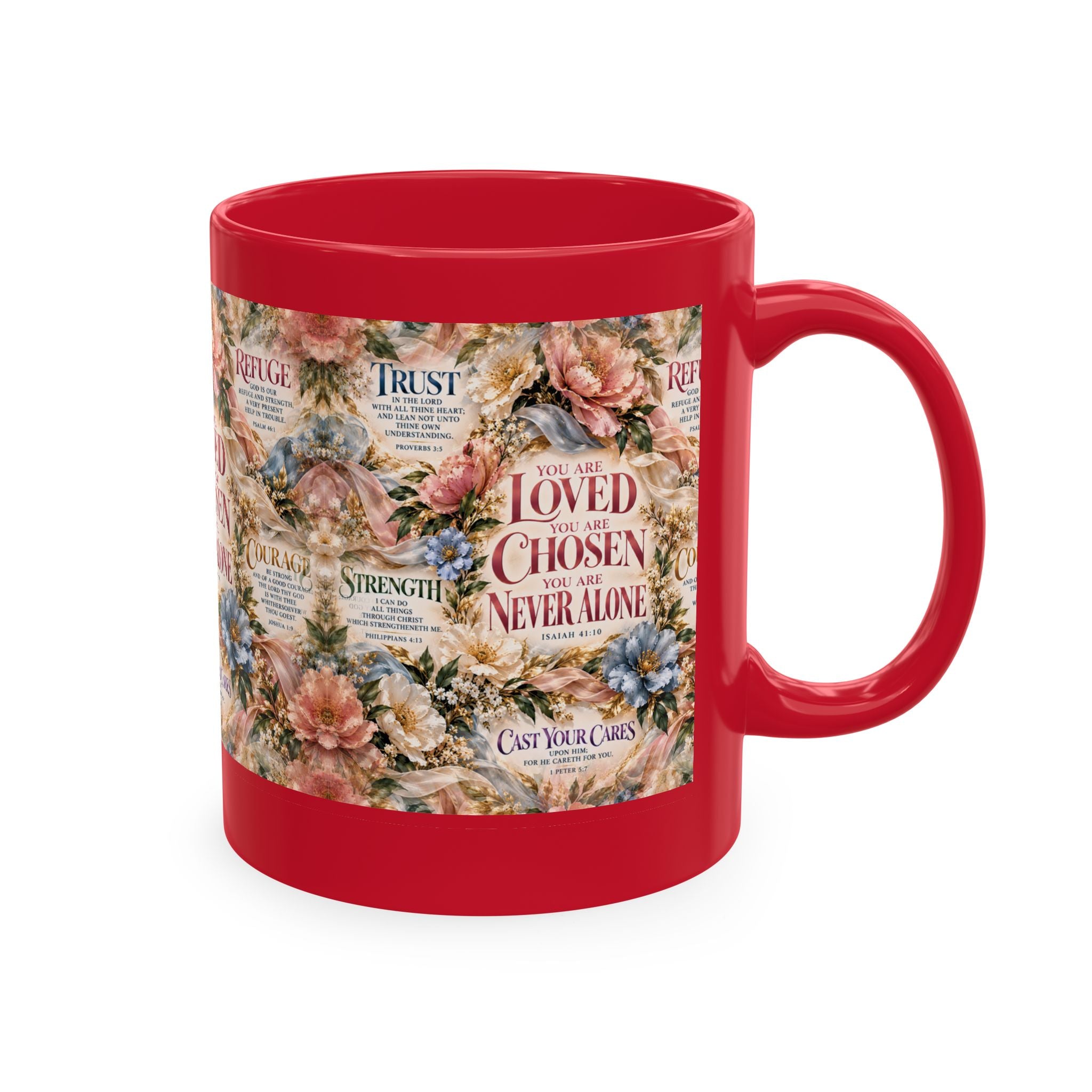 Loved Chosen Never Alone Coffee Mug | Christian Encouragement Gift for Her | Faith Floral Cup