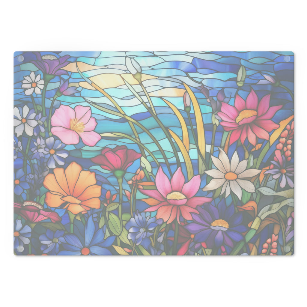 New House Tempered Glass Cutting Board Wildflowers Stain Glass Illusion Design Ultra-Durable Kitchen Accessory for Stylish Cooking Kitchen Decor Housewarming, New House Gift - MRSBYVALLE