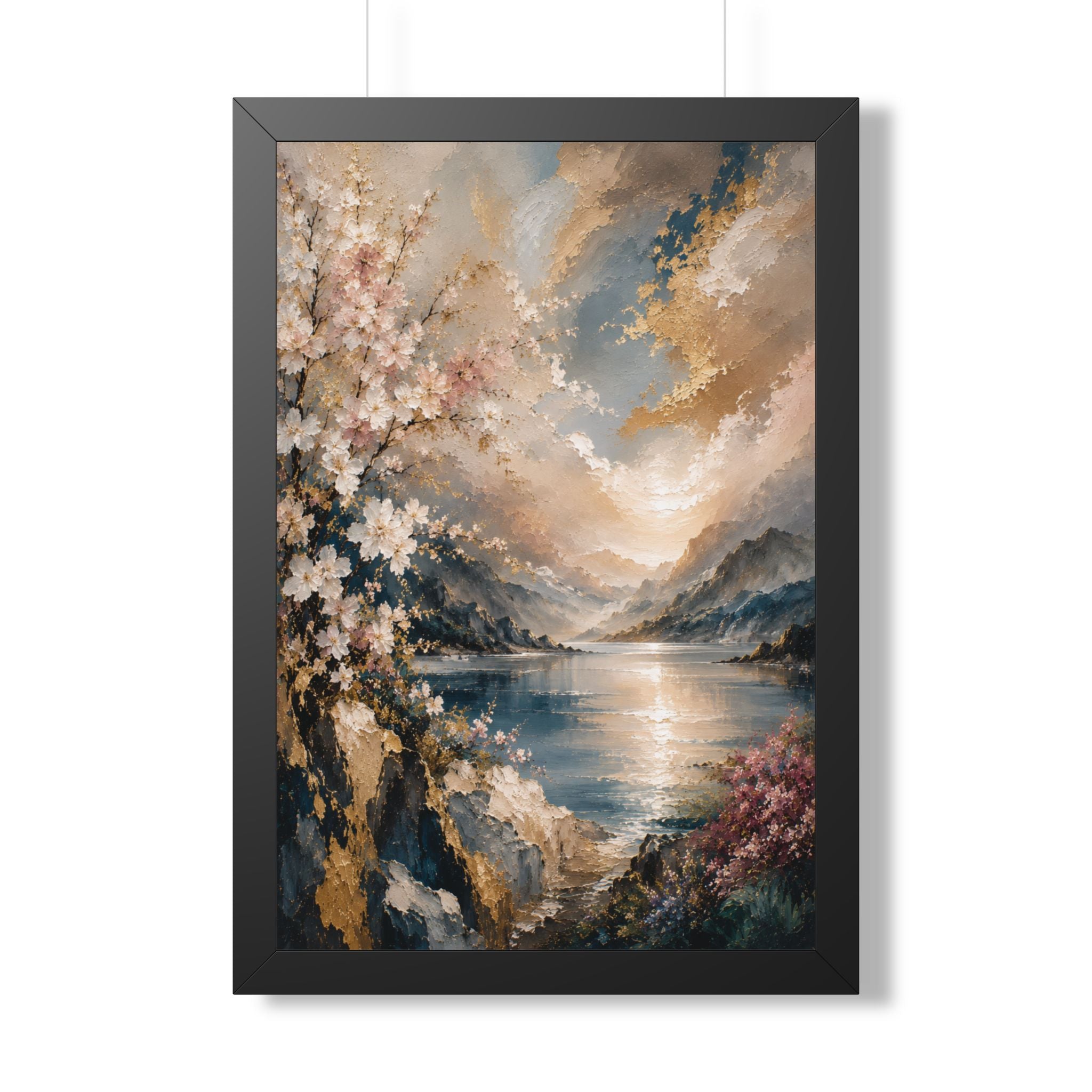 Sunlit Mountain Lake framed vertical poster | floral shoreline landscape