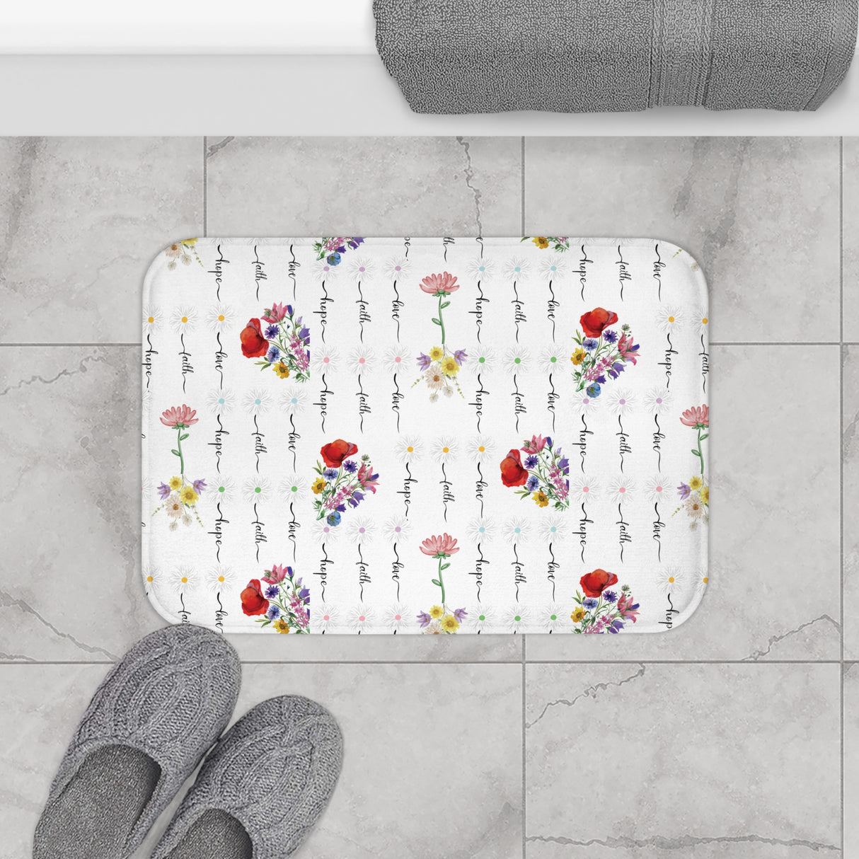 Faith, Love, and Hope Wildflower Bathmat – A Beautiful Blend of Nature’s Charm with Inspiring Words to Uplift Your Spirit and Brighten Your Bathroom