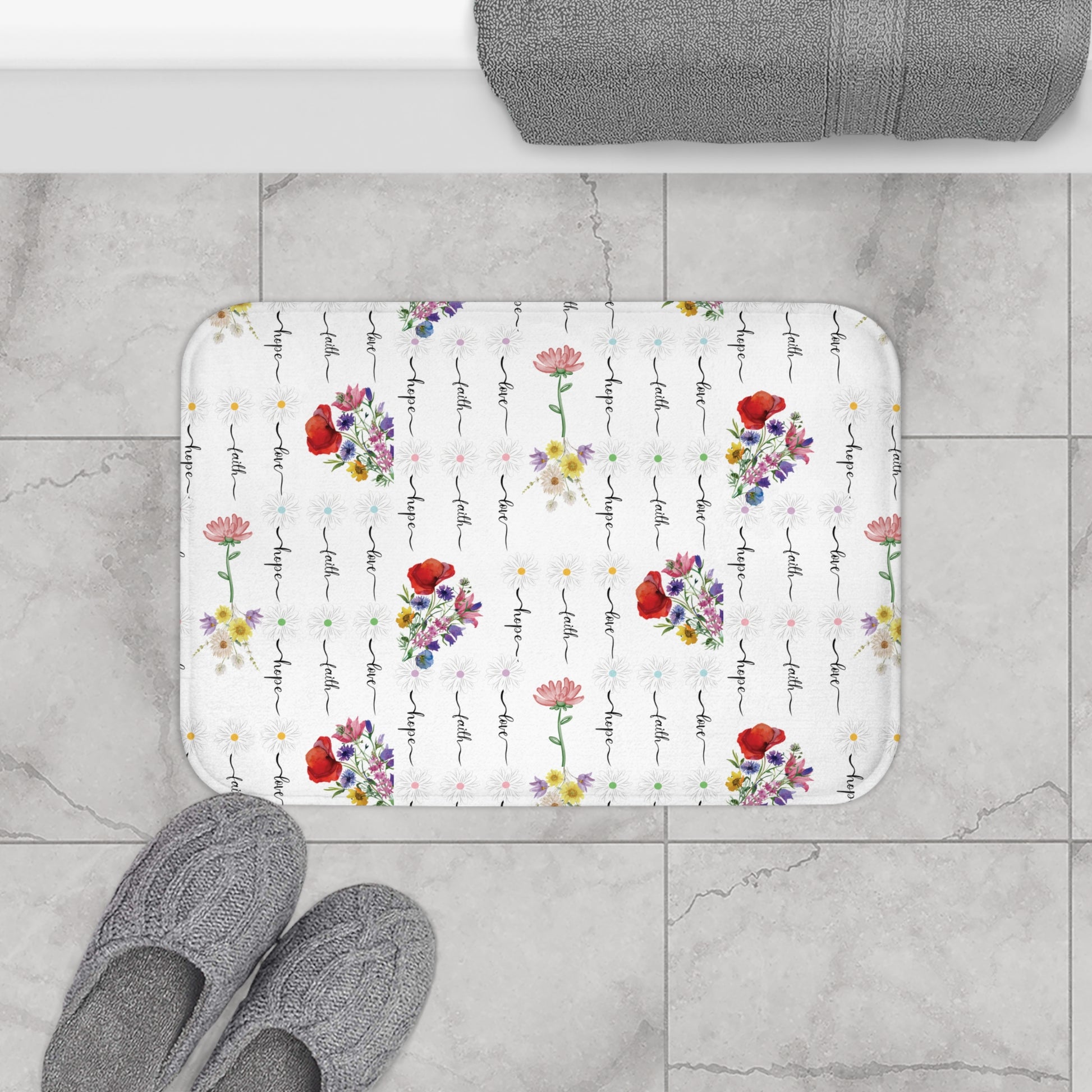 Faith, Love, and Hope Wildflower Bathmat – A Beautiful Blend of Nature’s Charm with Inspiring Words to Uplift Your Spirit and Brighten Your Bathroom