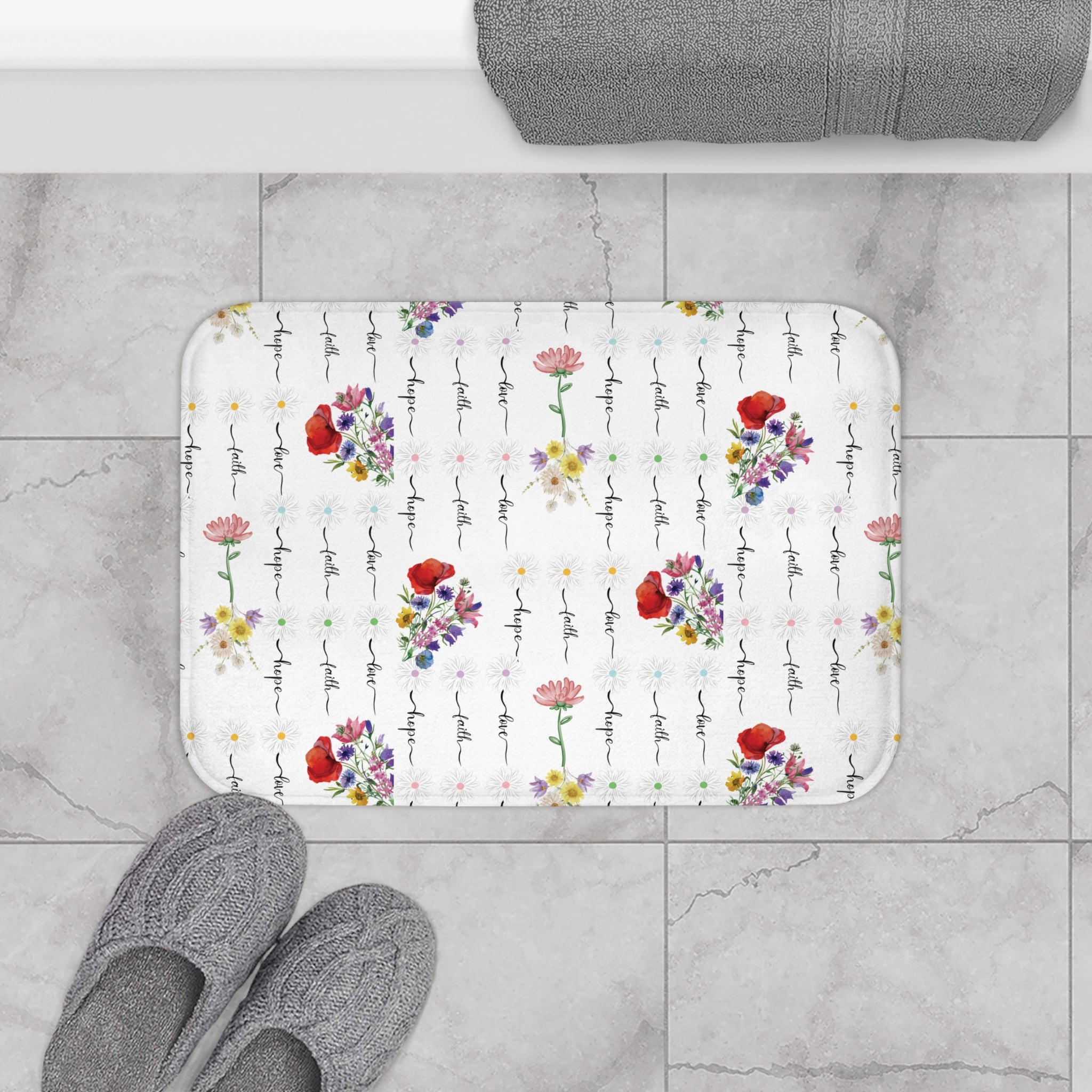 Faith, Love, and Hope Wildflower Bathmat – A Beautiful Blend of Nature’s Charm with Inspiring Words to Uplift Your Spirit and Brighten Your Bathroom