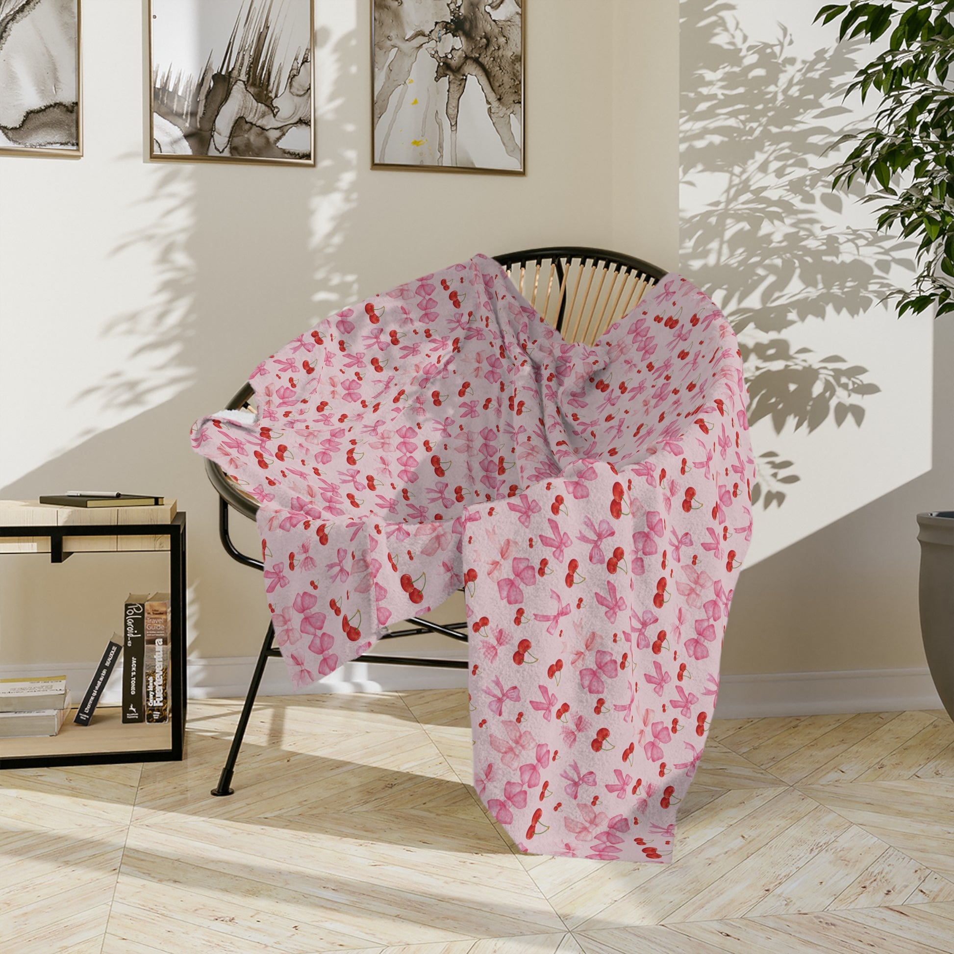 Minky Blanket Coquette Cherry Ribbon Bows Design in Luxurious 100% Polyester Cozy Comfort Throw Ultra-Soft Microfiber Comfort Blanket, Perfect for Snuggling Decor, Cozy All-Season Warmth, Comfort Housewarming Gift Throw.