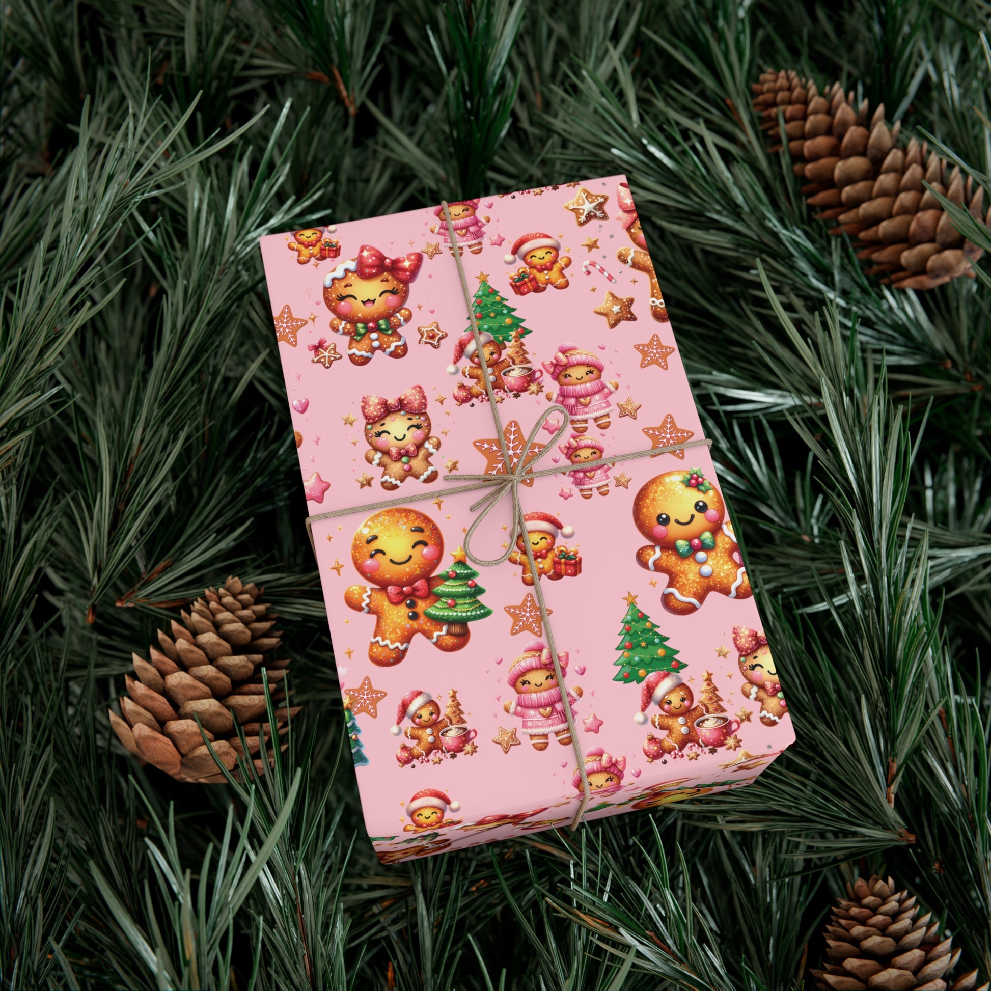 Pink Gingerbread Girls Christmas Wrapping Paper Cute Holiday Gift Wrap for Her, Festive & Whimsical Packaging for Xmas, Baby Showers Birthdays 3 SizesPerfect for Seasonal Gifting