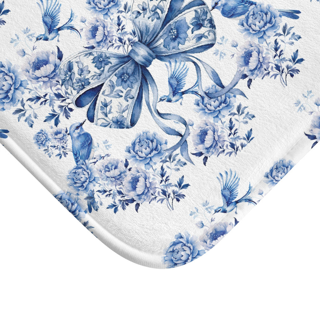 Tapis de bain élégant en chintz bleu avec nœud – Magnifiques oiseaux et motifs floraux | Tapis de bain doux, absorbant et antidérapant pour une décoration intérieure élégante et confortable
