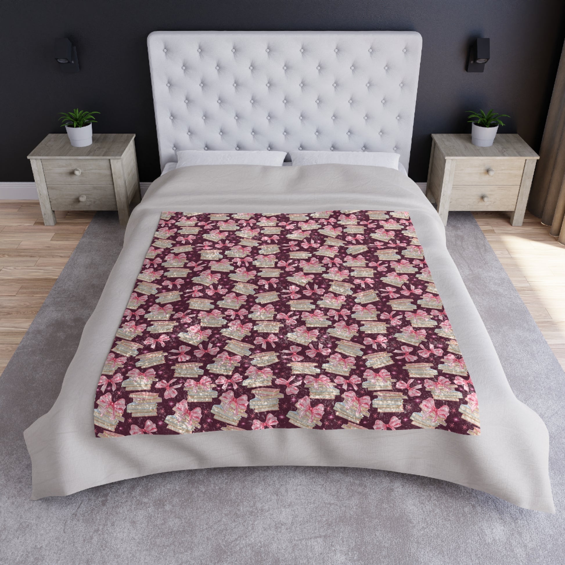 Luxurious Crushed Velvet Blanket Ultra-Soft, Cozy & Stylish | Coquette Pink Bows & Books Design | 50x60 Throw for Elegant Home Decor Perfect for sofas - MRSBYVALLE