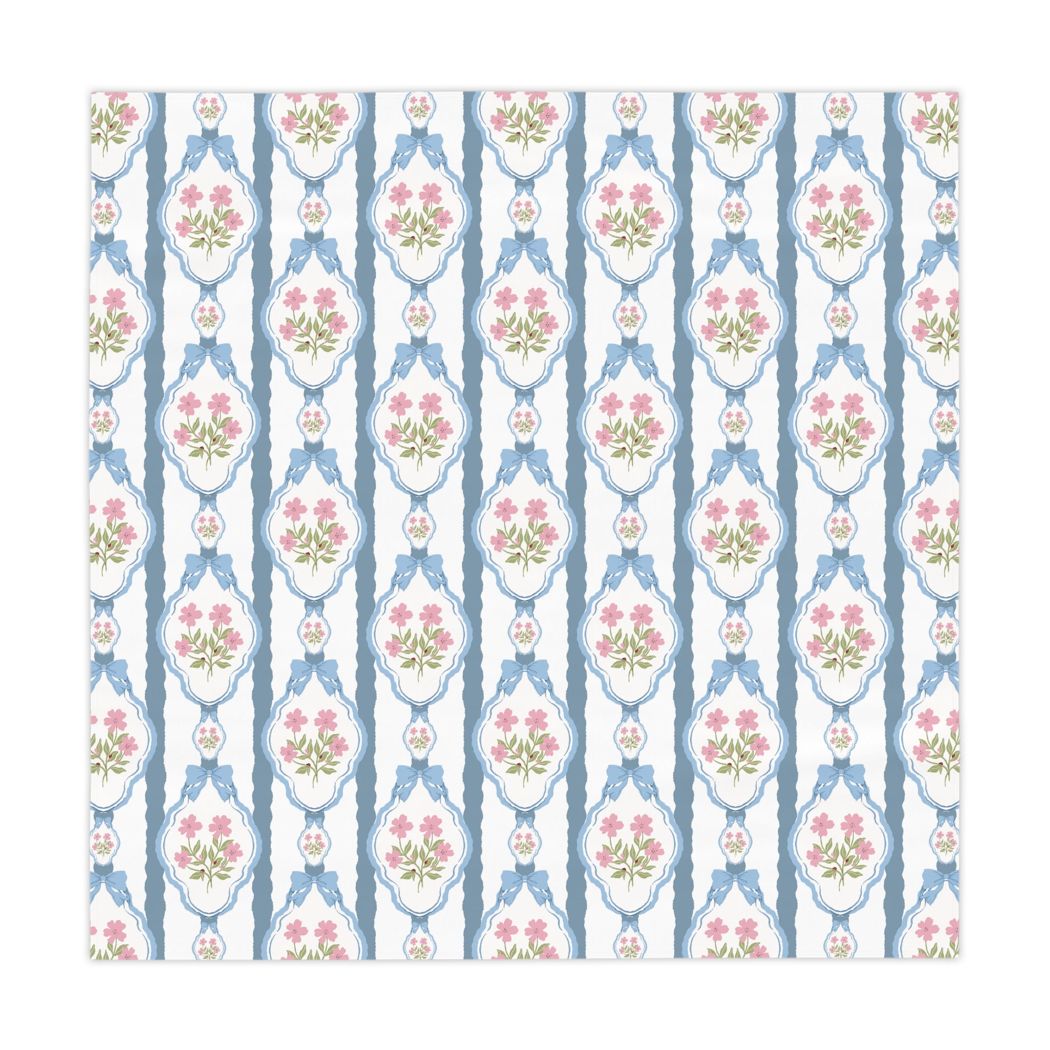 Vintage Blue and Pink Bow Tablecloth — Romantic Floral Table Linen