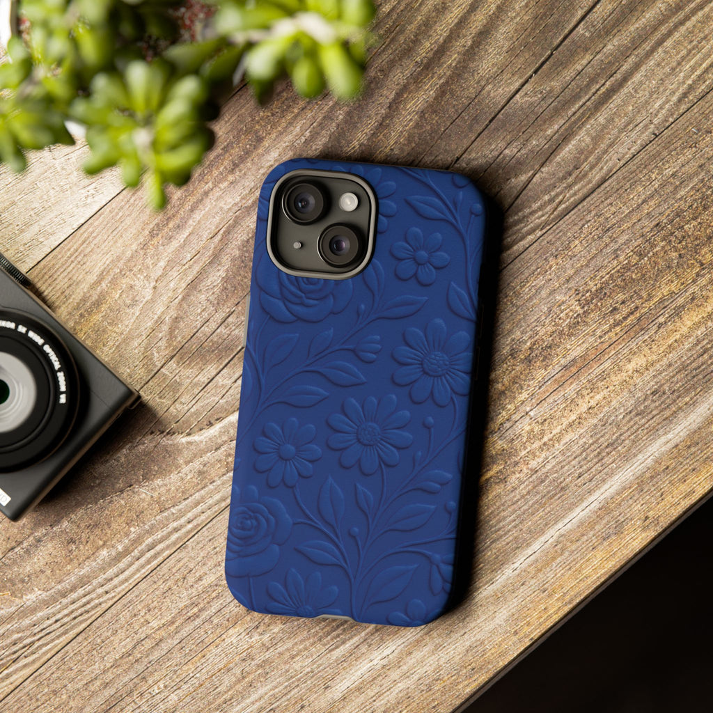 3D Illusion Floral Cobalt Blue Phone Case Elegant Raised Flower Design, Seamless Textured Look, Durable & Stylish Protection for iPhone and Android Models Fits iPhone & Samsung Models