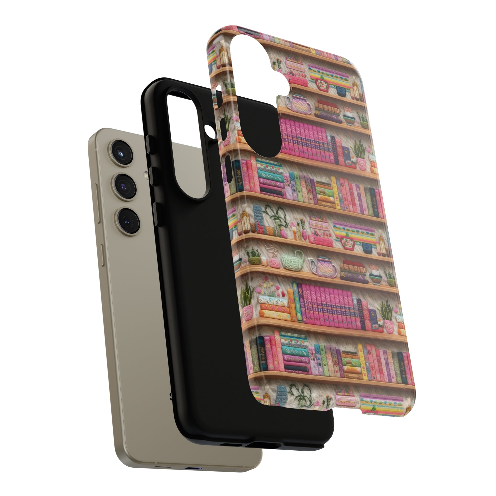 Phone Case 3D Illusion Books & Shelf Embroidery Design with Vibrant Colors Gift for Her Phone 15, Samsung iPhone Samsung Gift for Her Case iPhone 15, Samsung iPhone Samsung Accessory Gift for Her.