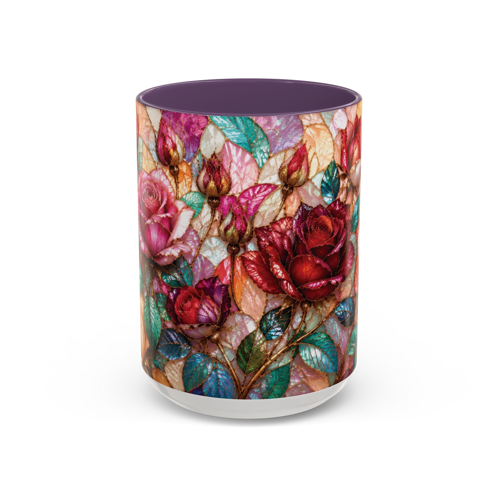 Floral Stained-Glass Accent Coffee Mug Colorful Rose Pattern (11/15 oz) Gift for Her