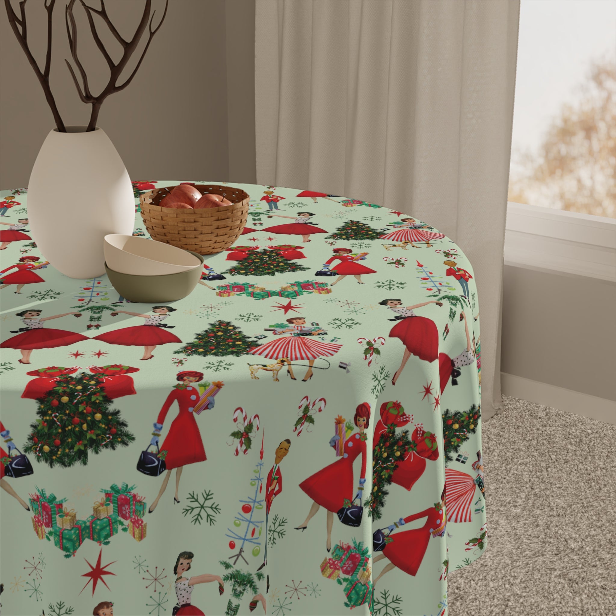 1950s Vintage Tablecloth Retro Christmas Design | One Size (55.1"x55.1") | 100% Polyester | Soft & Lightweight | Unique Holiday Table Deco Perfect Gift for Housewarming, Parties,  all Events and Occasions - MRSBYVALLE