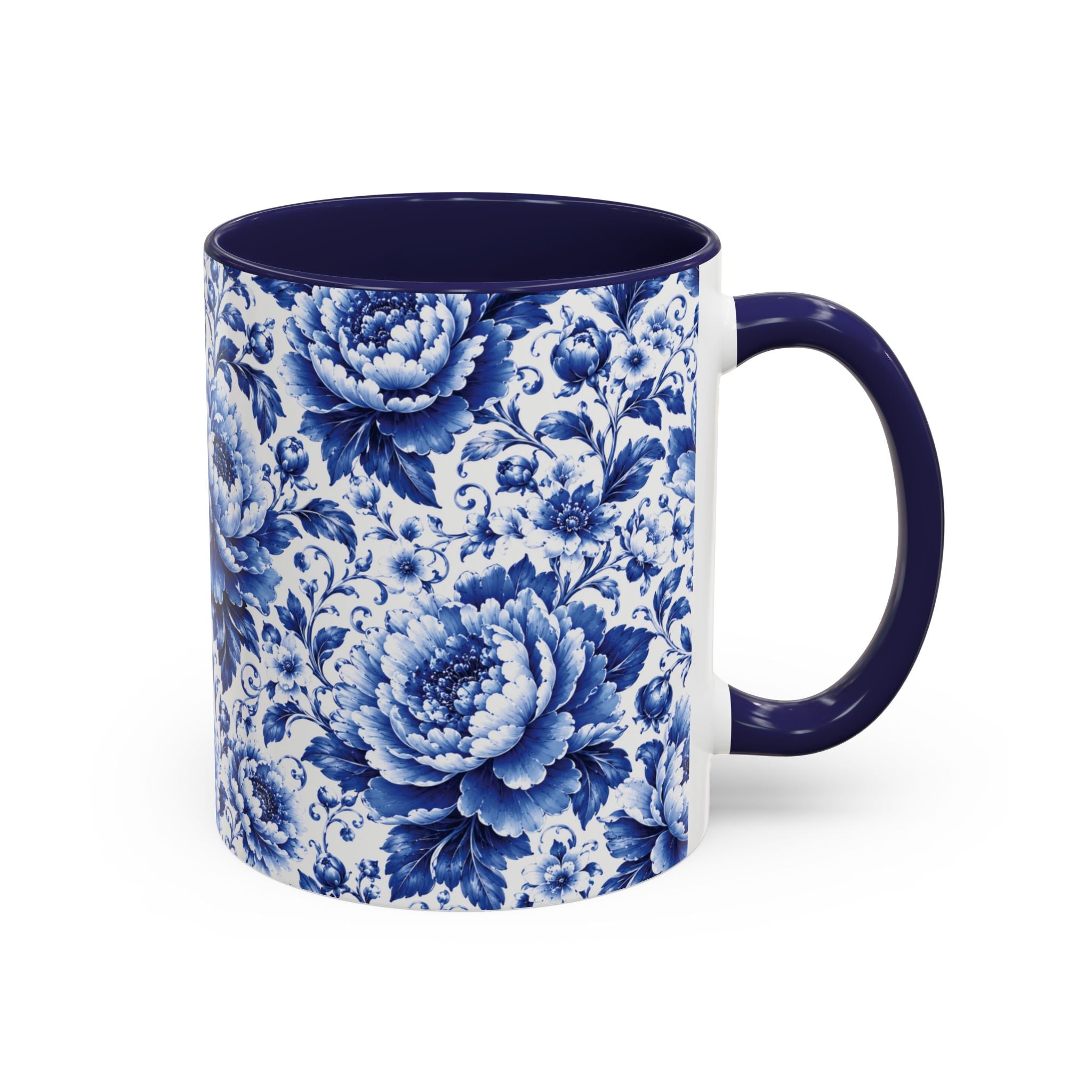 Blue Floral Ceramic Coffee Mug — Vintage Delft Peony Accent (11oz & 15oz) Blue & White Chinoiserie Tea Mug