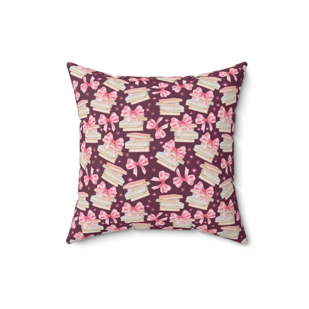 Boho Elegant Coquette Pink Bows & Books Square Pillow Vibrant Floral Design Soft and Stylish Decorative Throw Pillow for Boho-Inspired Home Décor Bridal Shower