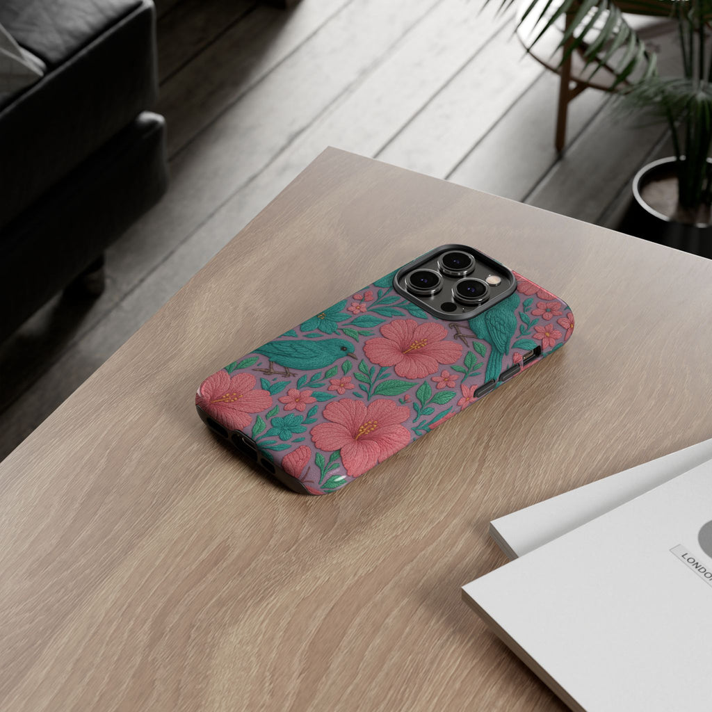 Turquoise, Pink and Lavender 3D Embroidery Illusion Phone Case Tropical Flowers, Birds & Butterflies Cover with Bold, Realistic Floral Texture iPhone, Samsung