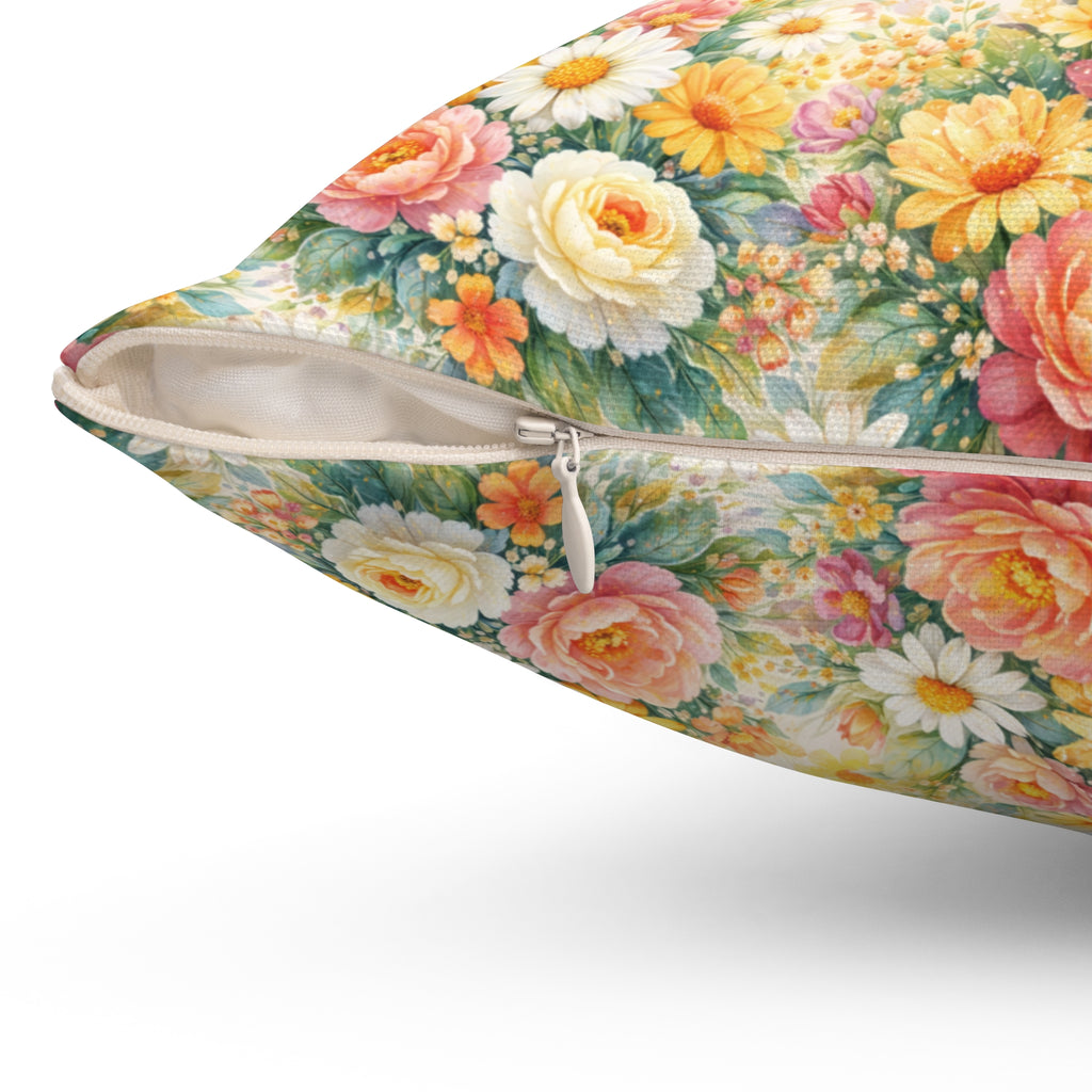 Pink & Yellow Wildflower Garden Pillow — Lush Botanical Square Throw Pillow