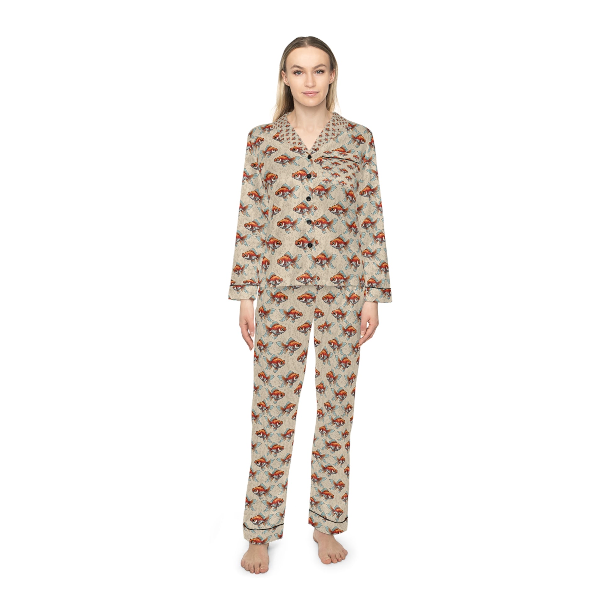 Women’s Luxury Satin Pajama Set – Telescope Goldfish Print Sleepwear Perfect Gift