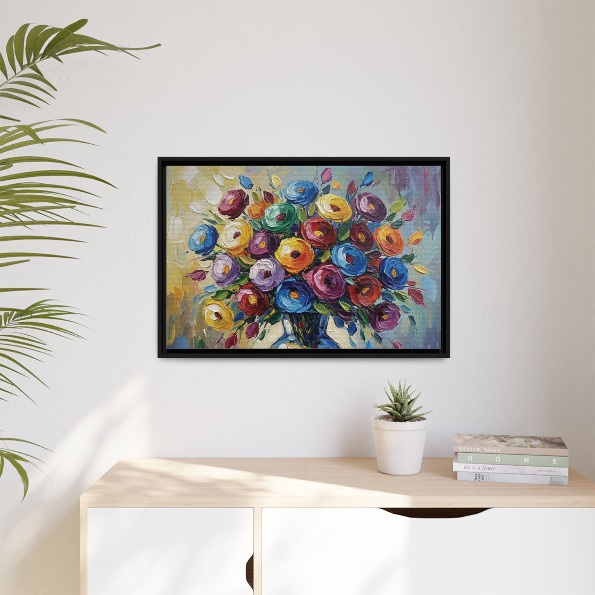 Impression sur toile bouquet floral aquarelle - Tableau mural encadré mat - Illusion de peinture à l'huile vibrante