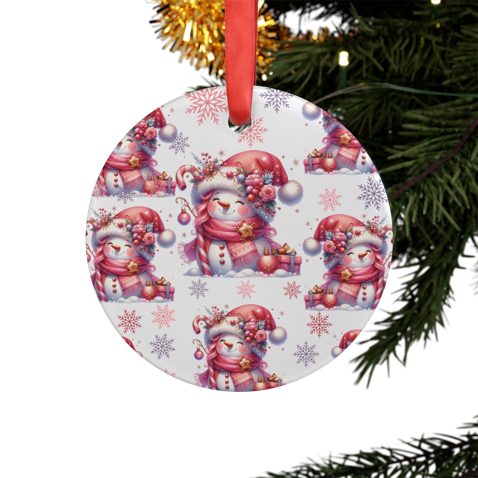 Pink Christmas Snow People Acrylic Ornament with Ribbon Perfect Holiday Decoration and Gift Durable Holiday Keepsake | Charming Winter Design | Ideal for Tree Trimming and Gift Giving - MRSBYVALLE