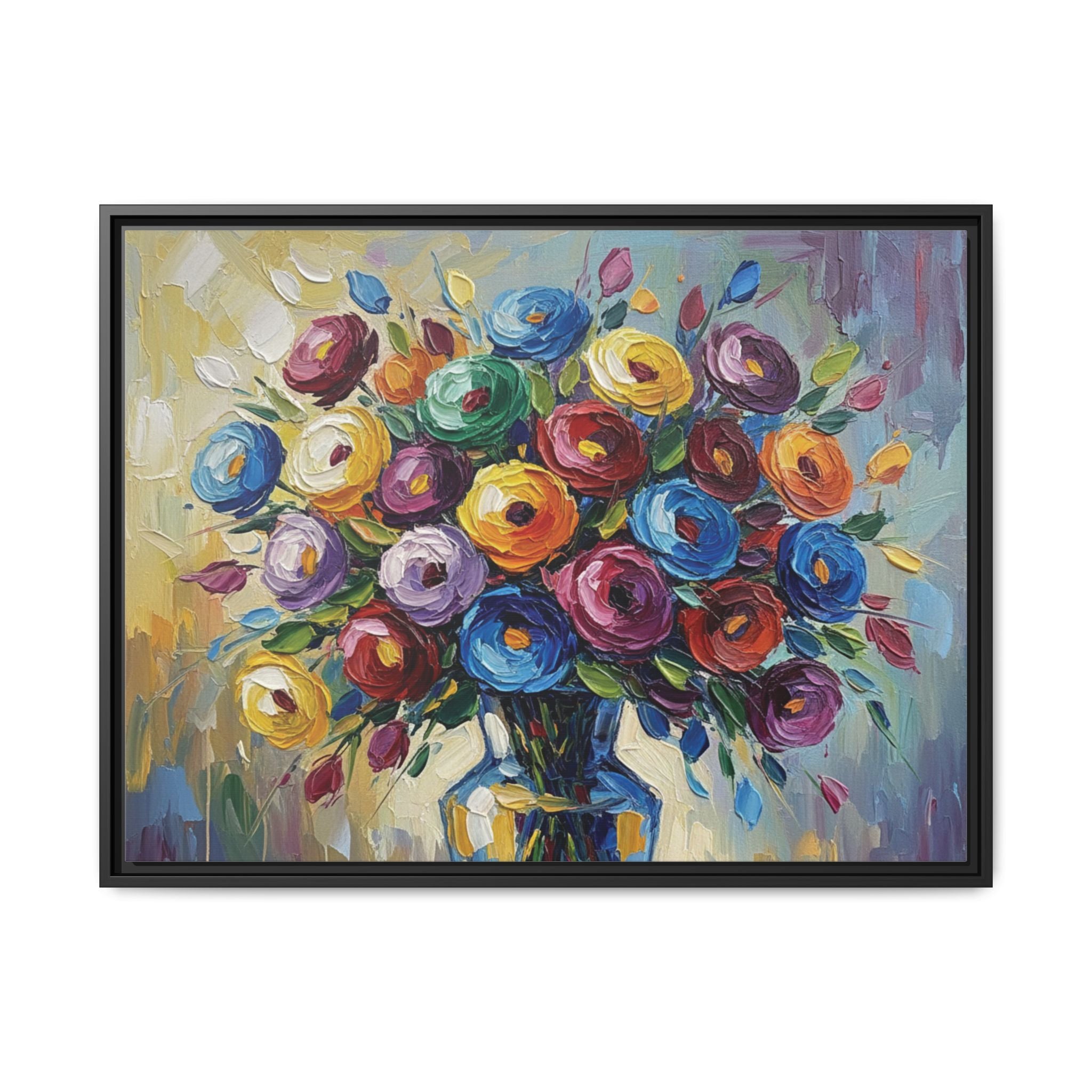 Impression sur toile bouquet floral aquarelle - Tableau mural encadré mat - Illusion de peinture à l'huile vibrante