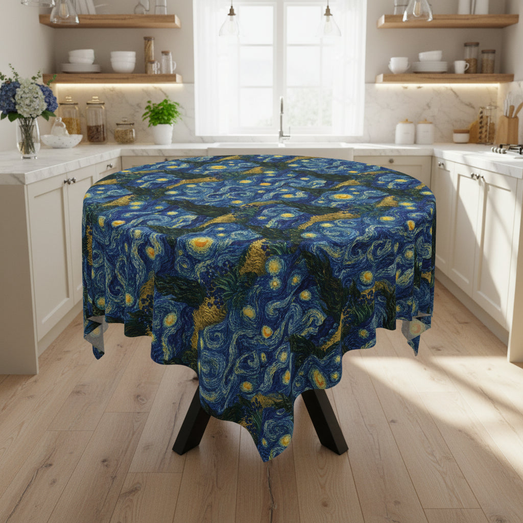 Round tablecloth with a blue and yellow abstract design on a white background