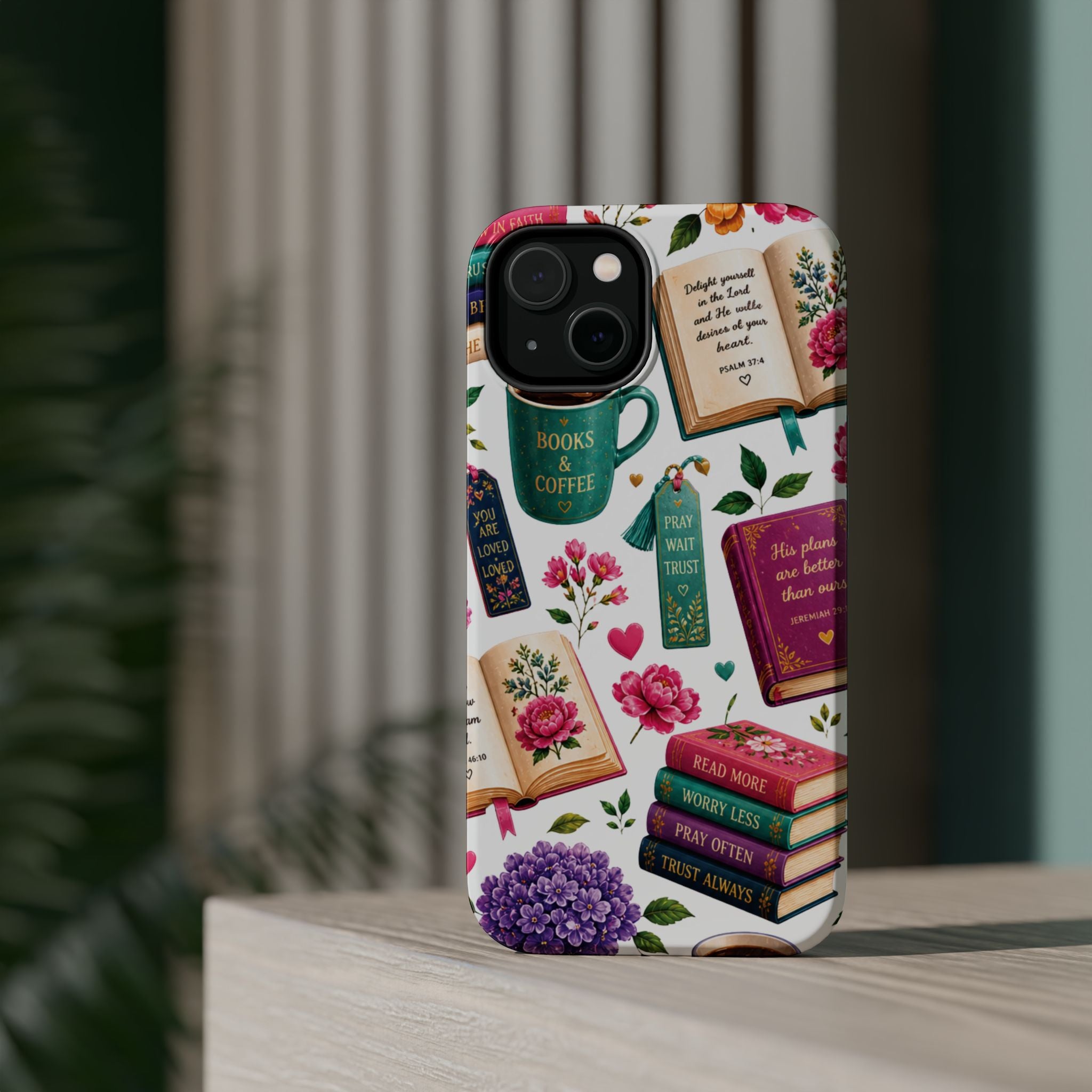 Christian Books & Coffee Phone Case — Magnetic Impact-Resistant Christian Gift