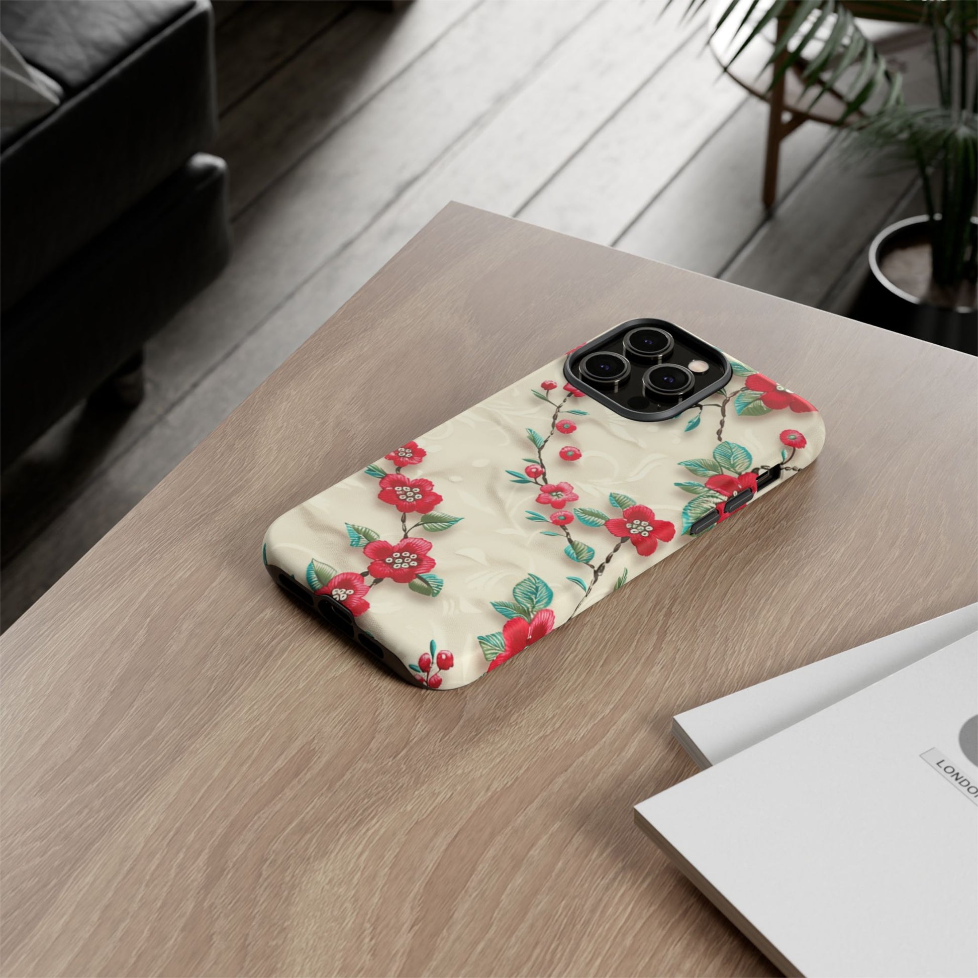 3D Embroidery Illusion Red Flowers Phone Case for iPhone, Samsung Pixel Artistic Floral Protection 15 14 13 12, 21 23 Gift for Her Perfect for Floral Lover