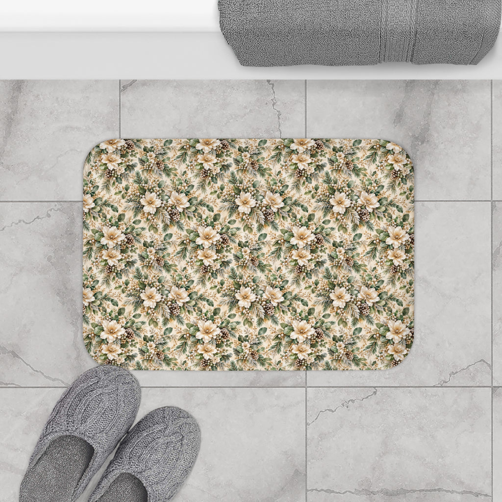 Sage Green & Champagne Floral Memory Foam Bath Mat