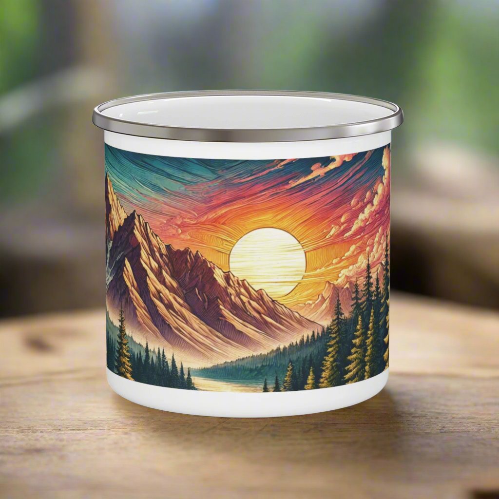12oz Enamel Camping Mug Sunset Over Mountain & Pine Trees Design | Perfect for Camping, Coffee, Hot Chocolate | Durable, Lightweight Mug for Outdoor Adventures  Gifts Christmas - MRSBYVALLE