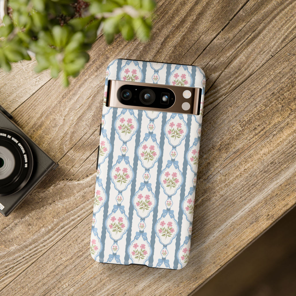 Coque de téléphone Vintage Nœud Bleu et Rose — Motif floral romantique « Tough Cases »