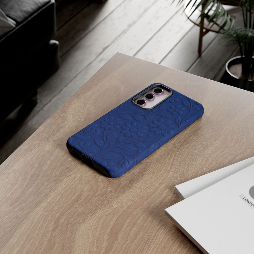 3D Illusion Floral Cobalt Blue Phone Case Elegant Raised Flower Design, Seamless Textured Look, Durable & Stylish Protection for iPhone and Android Models Fits iPhone & Samsung Models