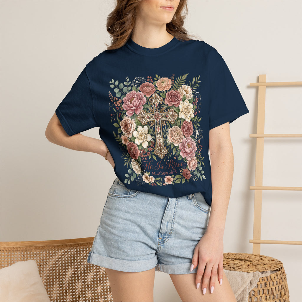 He Is Risen Floral Cross T-Shirt Christian Gift