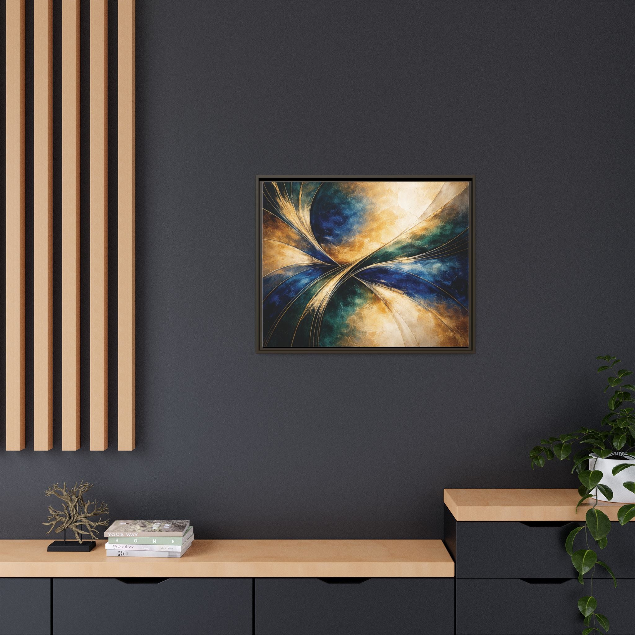 Gilded Convergence  Luxe NeoDeco Blue & Gold Abstract Wall Art Framed