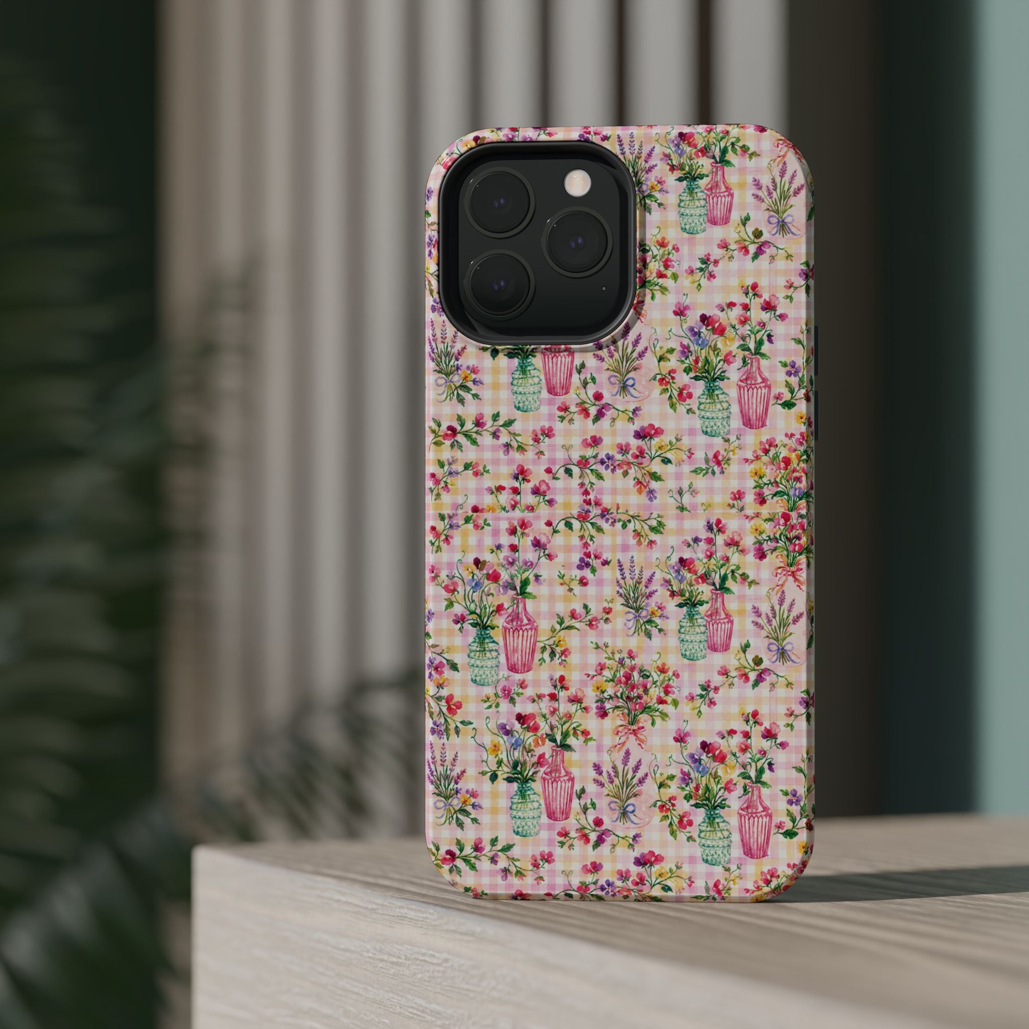 Turquoise & Pink Floral Checker Phone Case — Magnetic Impact-Resistant
