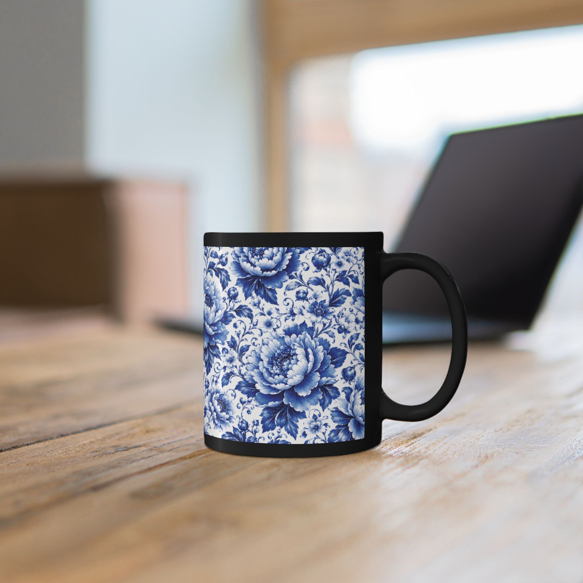 Blue Floral Porcelain Pattern Mug Elegant Black Ceramic Coffee Cup (11oz/15oz) Blue & White Chinoiserie Tea Cup