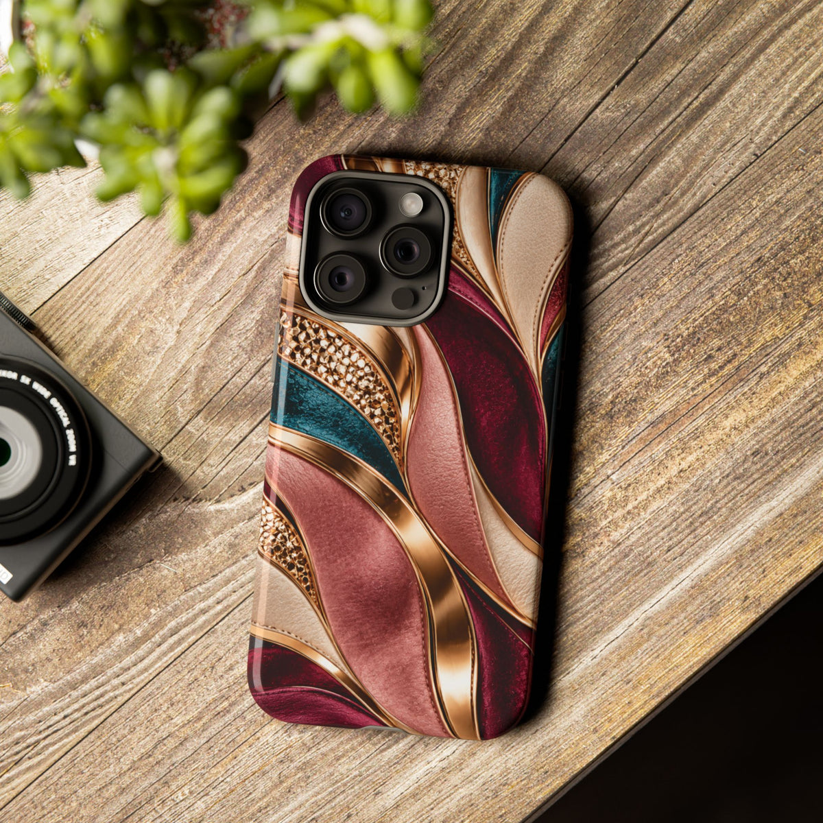 Lux Marble Waves Phone Case Metallic Burgundy, Teal Gold Protective Cover iPhone 18