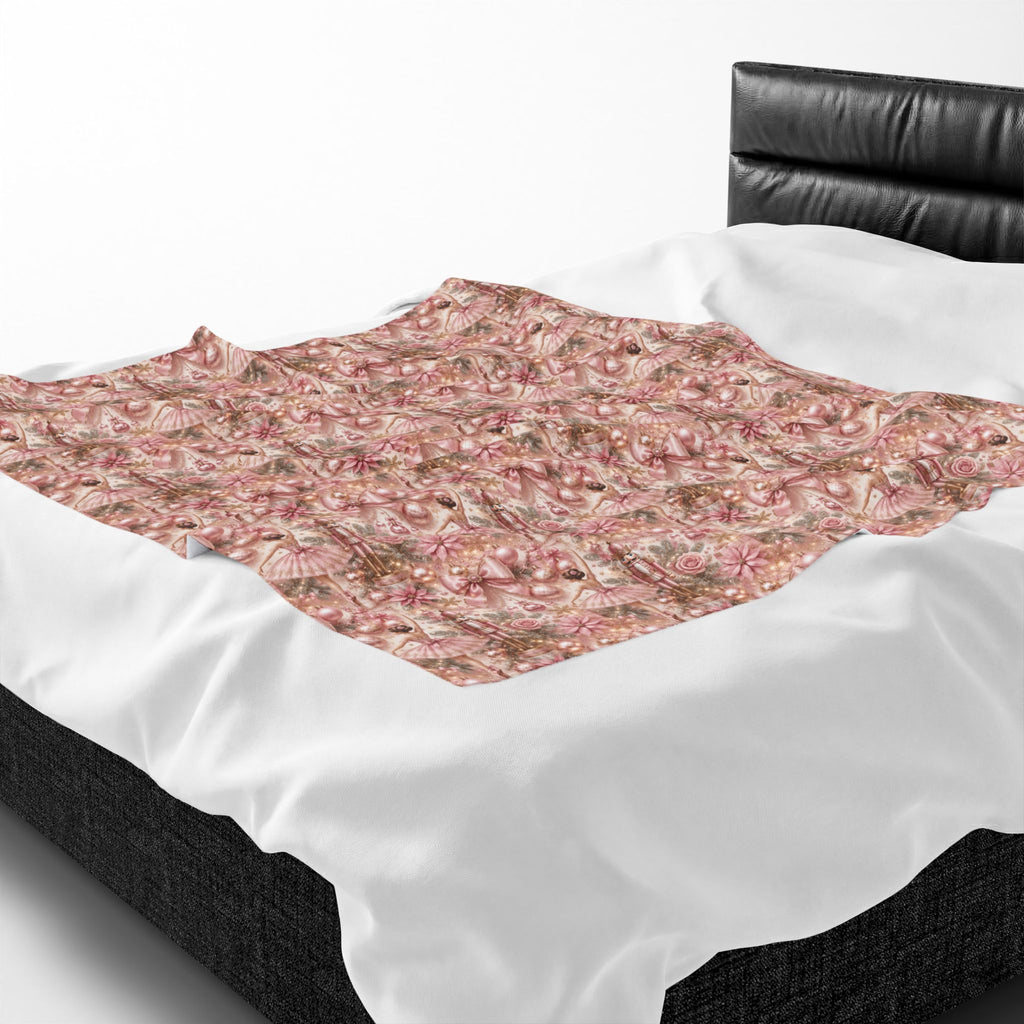 Velveteen Plush Blanket - Pink Ballerina and Nutcracker Bows Christmas