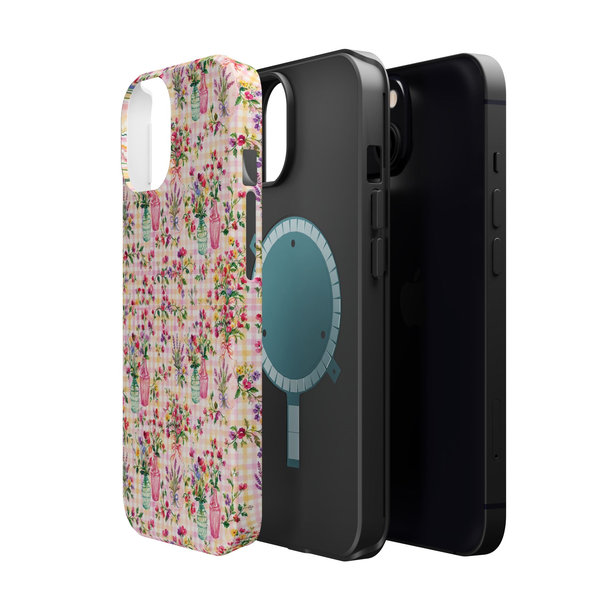 Turquoise & Pink Floral Checker Phone Case — Magnetic Impact-Resistant
