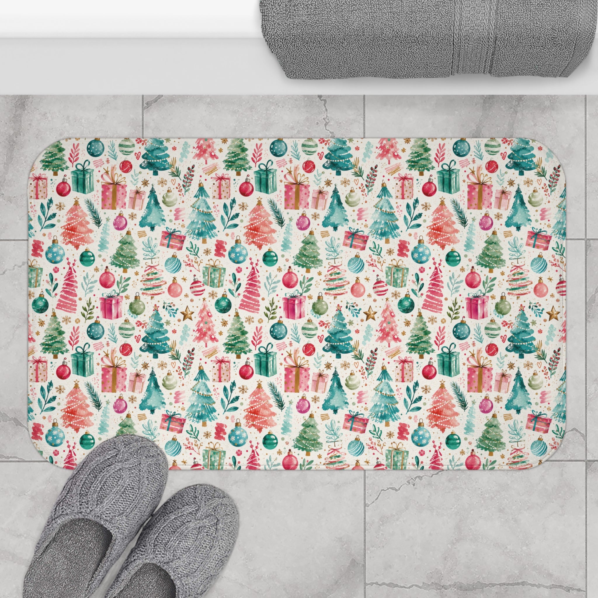 Christmas Tree & Gifts Bath Mat — Festive Holiday Bathroom Rug