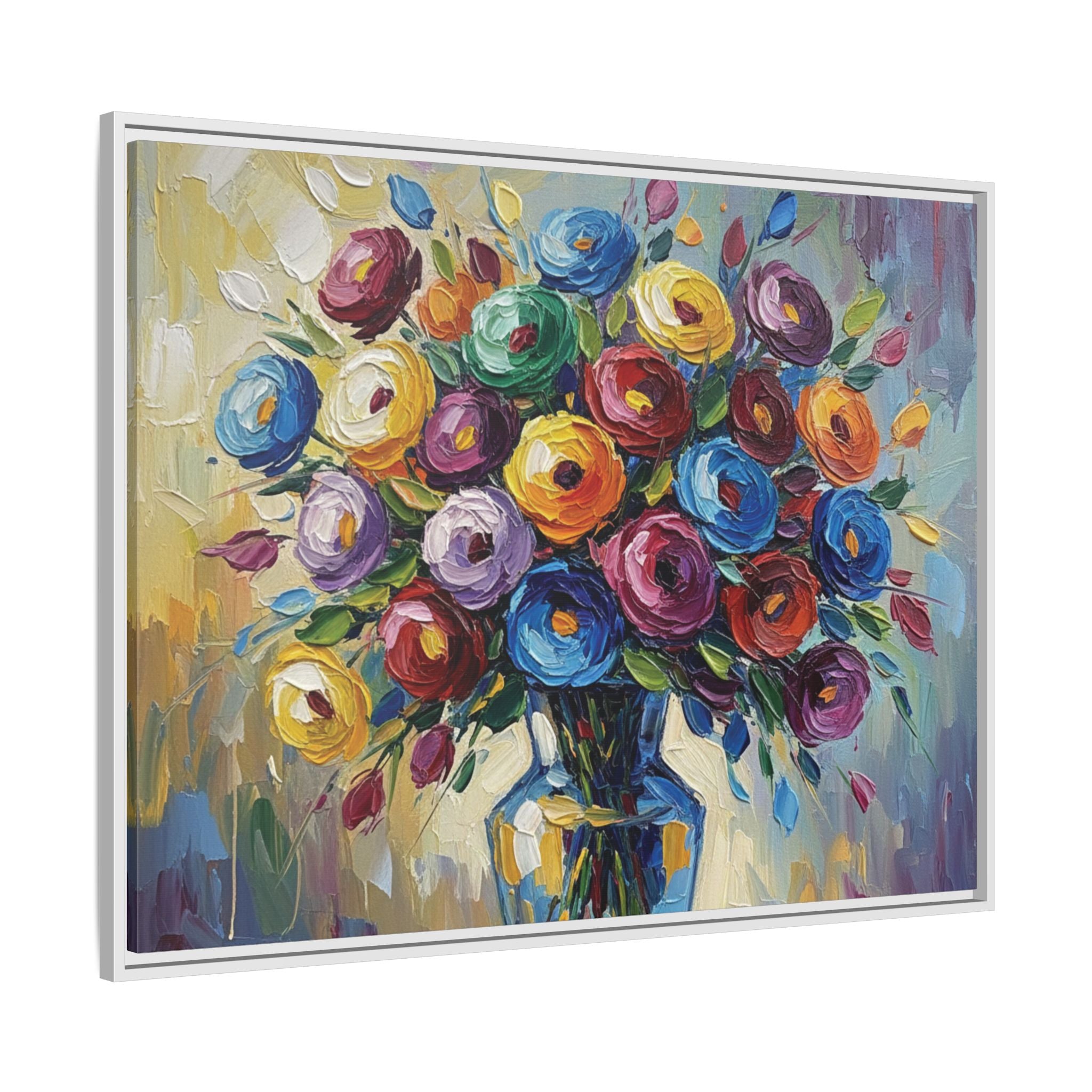 Impression sur toile bouquet floral aquarelle - Tableau mural encadré mat - Illusion de peinture à l'huile vibrante